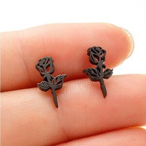 Rose Flower Outline Black Stud Earrings
